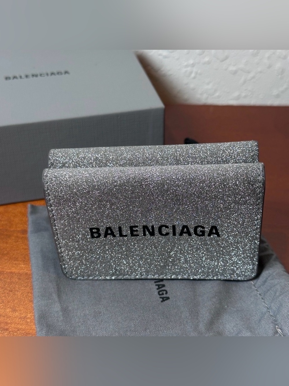 Balenciaga Silver Glitter Wallet Holder With Box